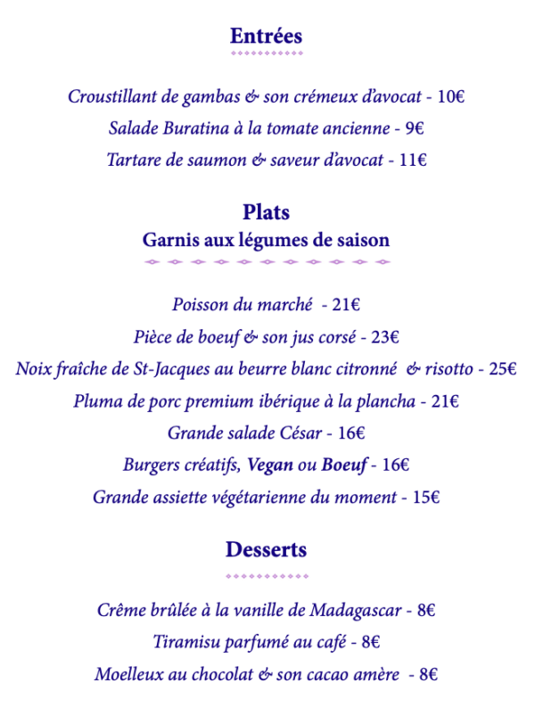 Menu Zebra Restaurant